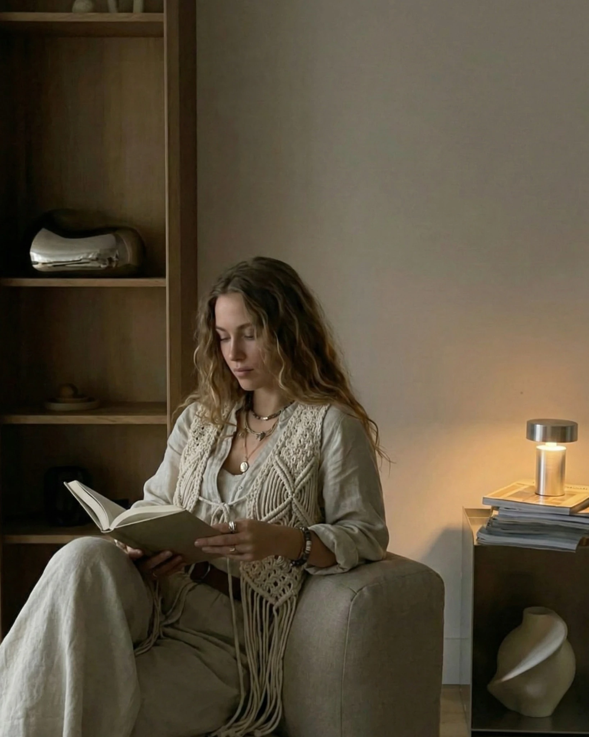 Cordless mushroom lamp PADOVA No.01 lit on a side table beside a woman reading in an armchair