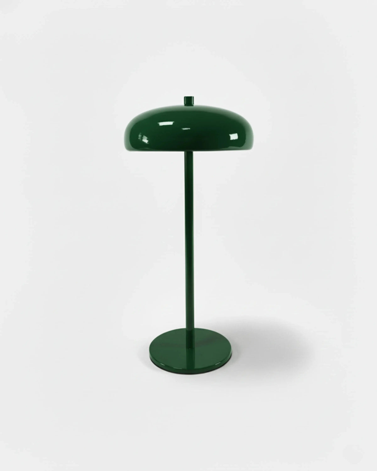 Cordless mushroom lamp DOMA No.01 in Sage Green, deep green glossy dome shade on a slender stem, unlit