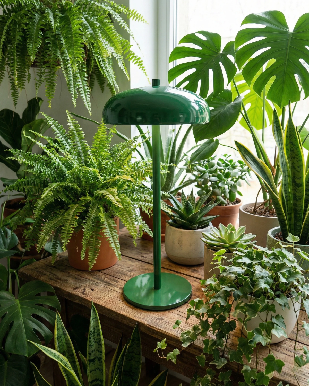 Cordless mushroom lamp DOMA No.01 in green standing on a wooden table among potted ferns and monstera by a window