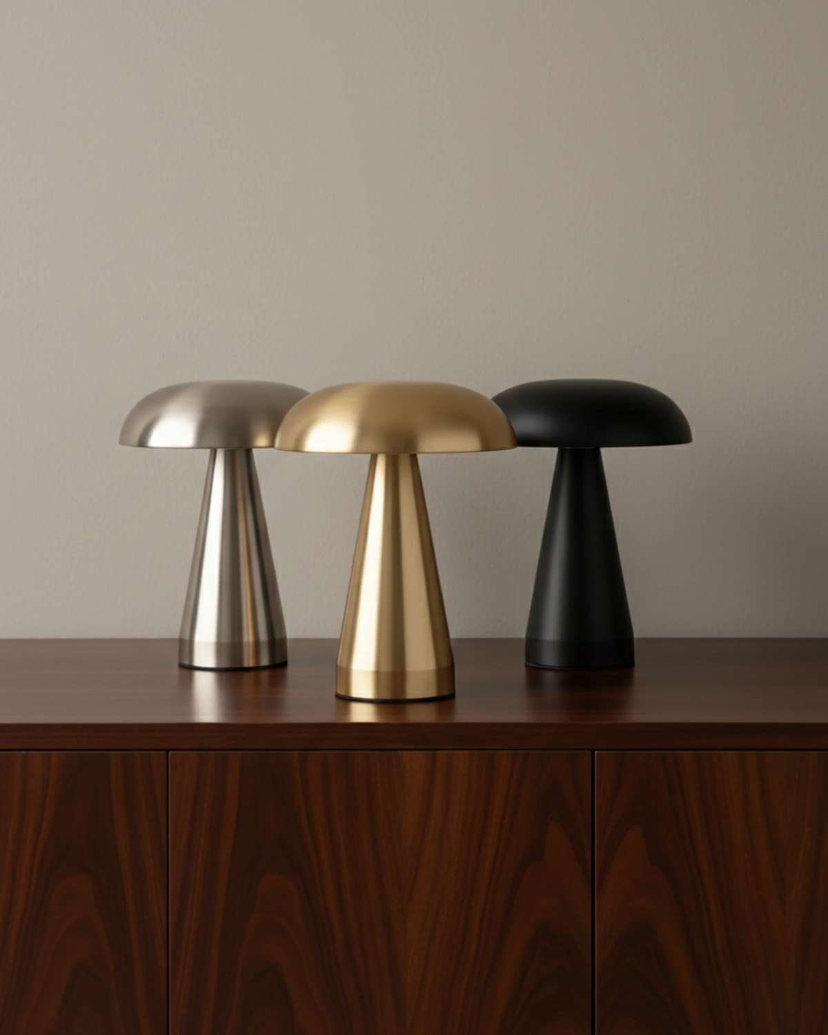 Three cordless mushroom lamps LUMA No.04 in silver, brass and black on a walnut sideboard, unlit