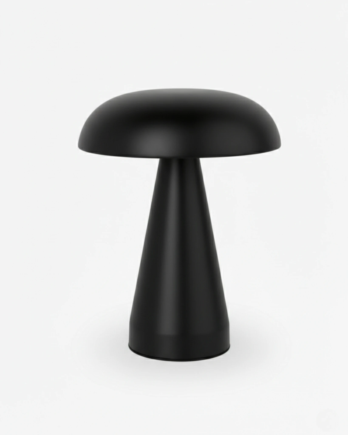 Cordless mushroom lamp LUMA No.04 in Volcano Black, domed aluminum cap on a tapered cone base, unlit