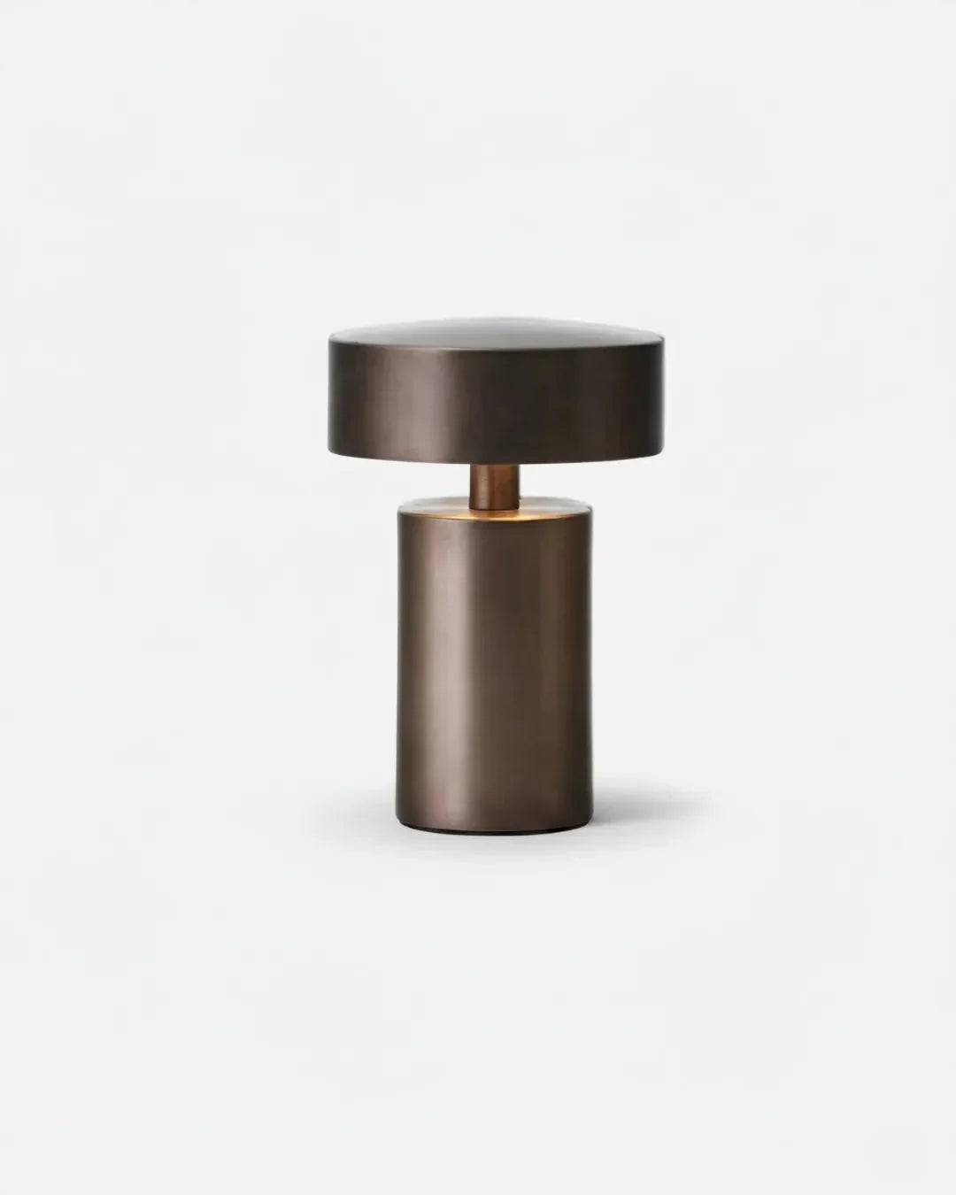 Cordless mushroom lamp PADOVA No.01 in Warm Brown, bronze toned cap and cylinder base with a brass stem, unlit