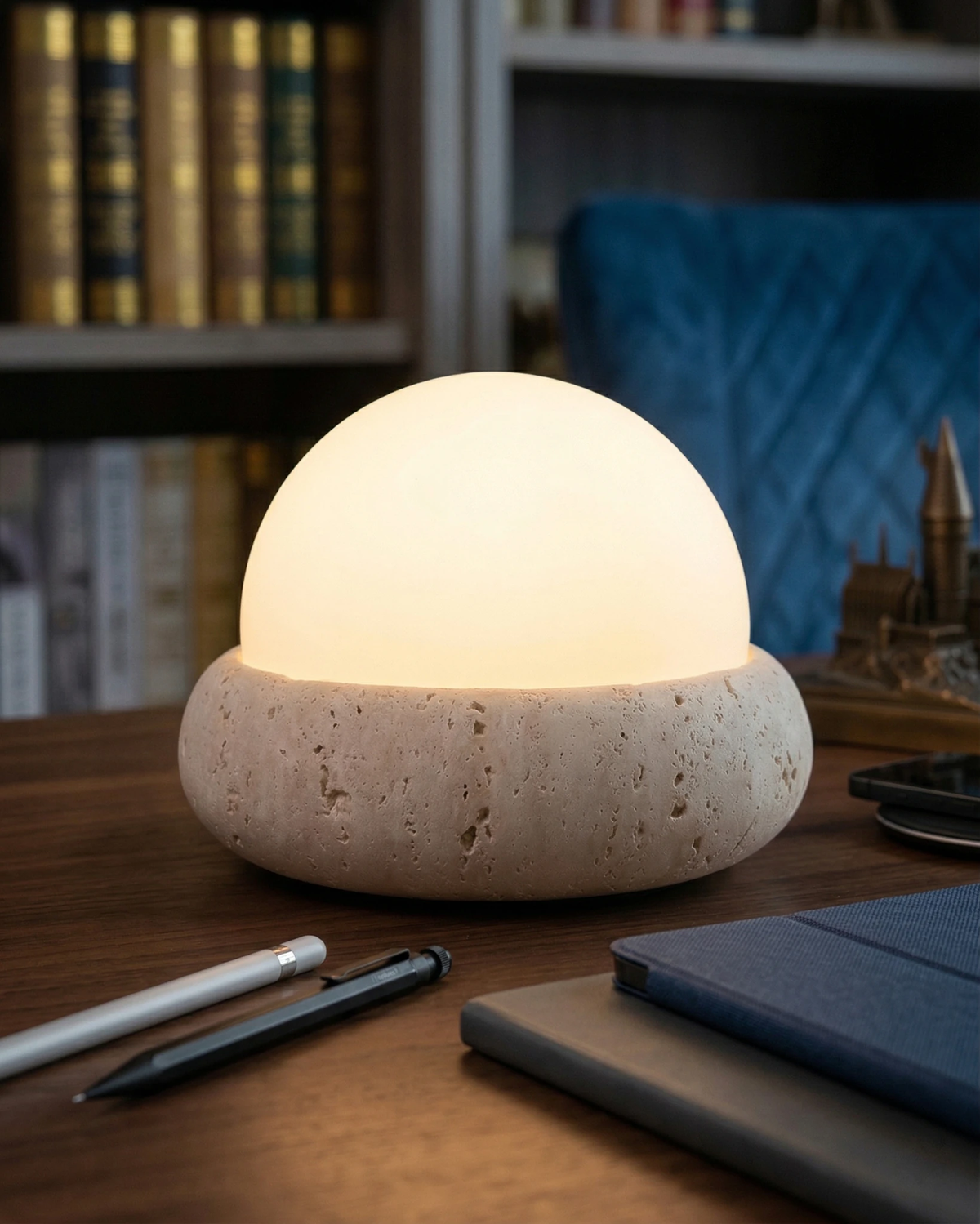 Cordless outdoor table lamp LUCE No.01 lit on a walnut desk with a notebook and pen in front of a bookshelf