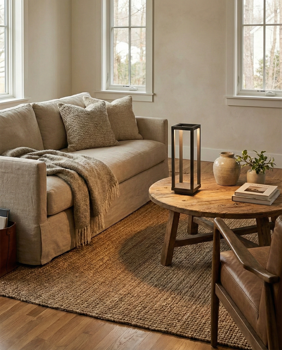 Cordless outdoor table lamp FARO No.07 lit on a round wooden coffee table beside a linen sofa and jute rug