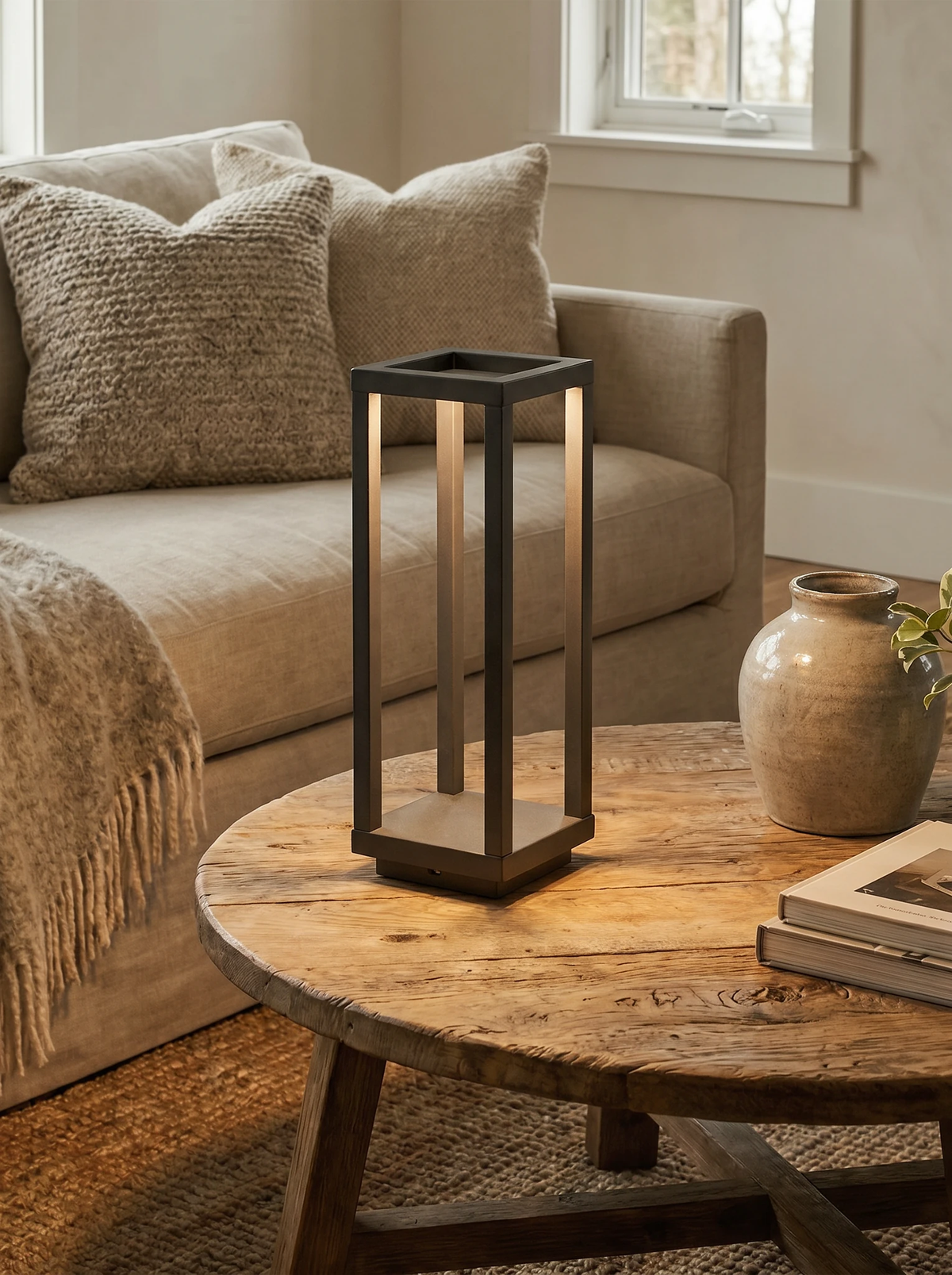 Cordless outdoor table lamp FARO No.07 glowing on a rustic round table next to a beige sofa and a stone vase