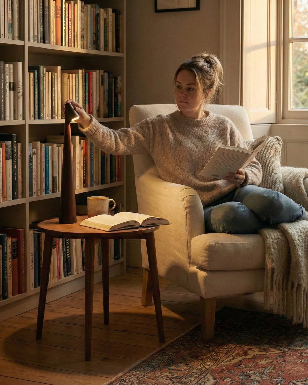 Cordless reading lamp TRIESTE No.01 lit on a side table beside a woman reading in an armchair by bookshelves