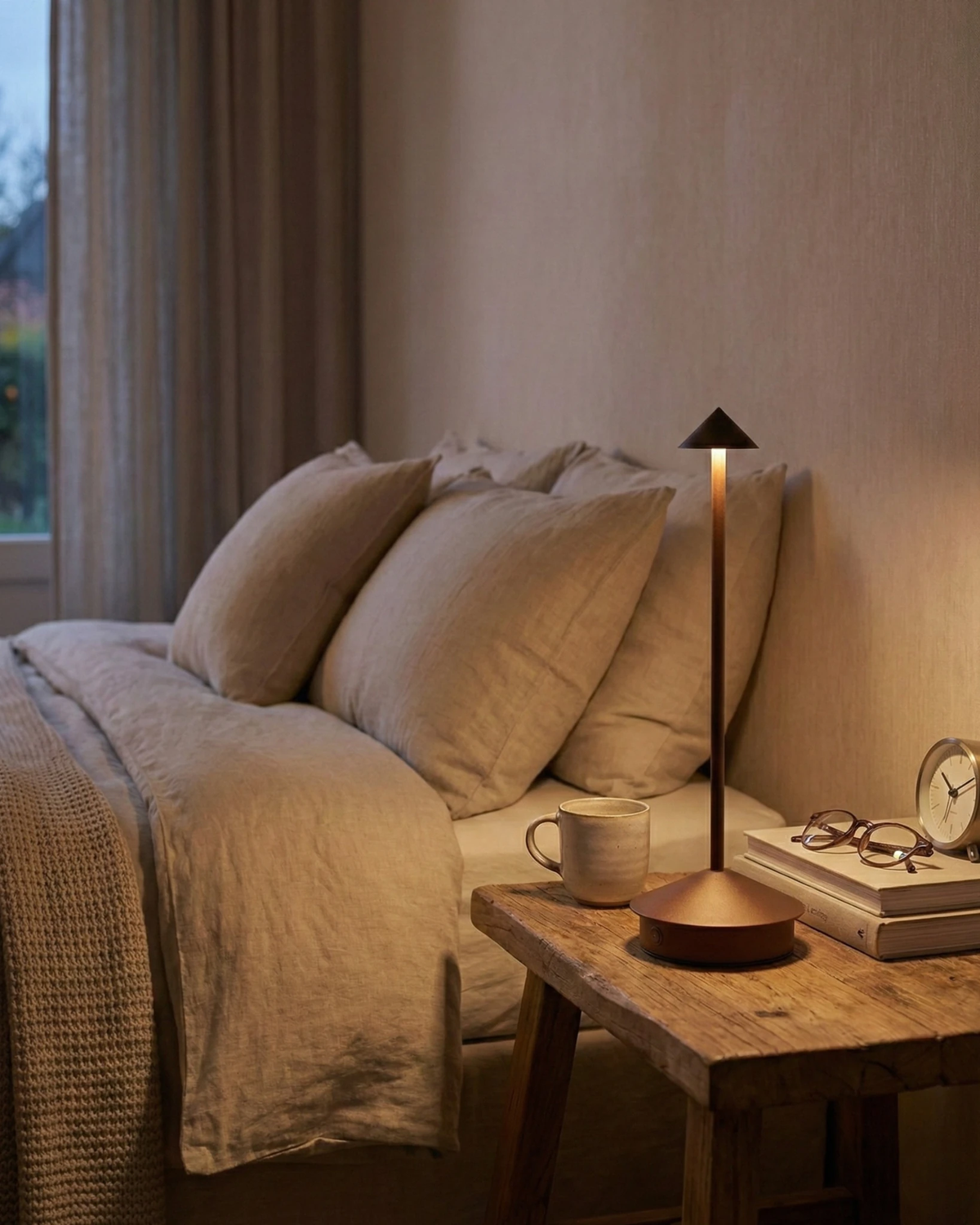 Cordless table lamp FERRARA No.01 in brushed brown lit on a wooden nightstand beside a bed with linen bedding