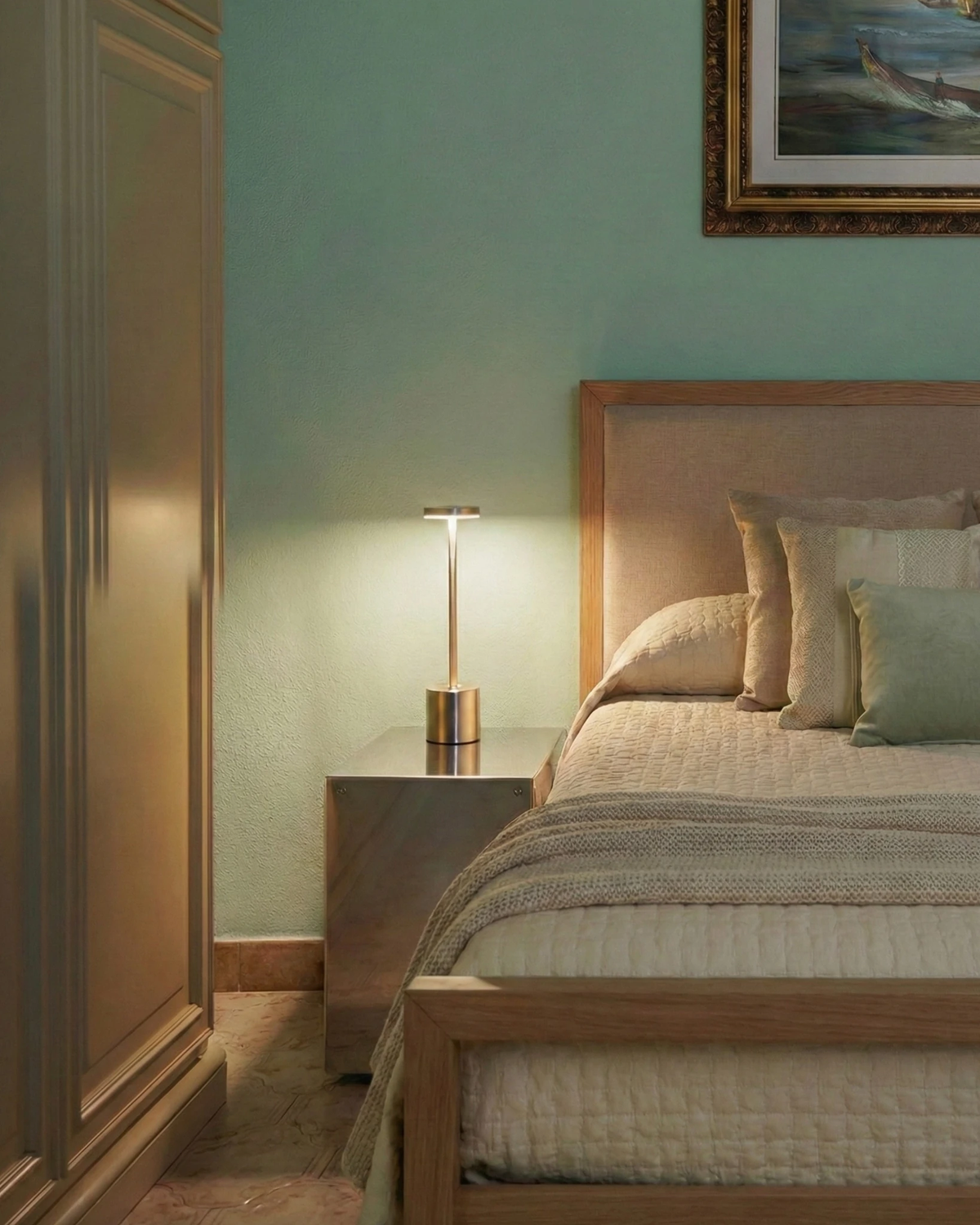Cordless table lamp RIETI No.01 in brushed gold, lit on a nightstand beside a bed with a mint green wall