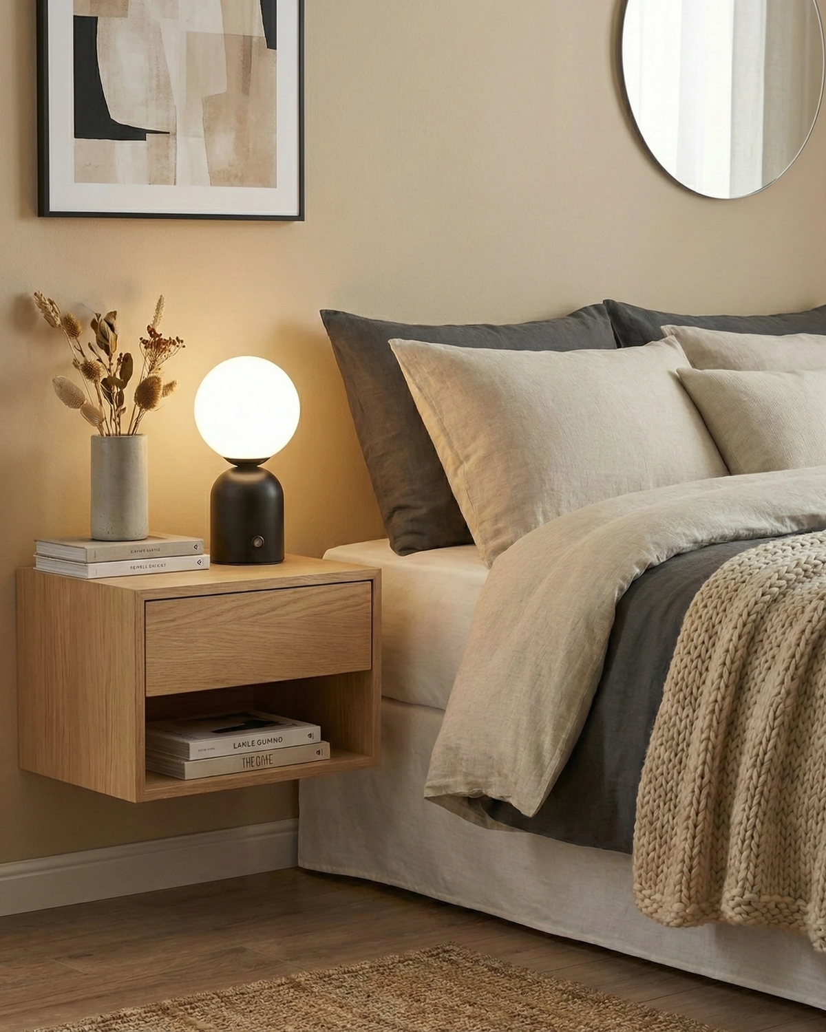 Cordless table lamp VIVA No.01 in black lit on a floating oak nightstand beside a bed with gray and cream bedding