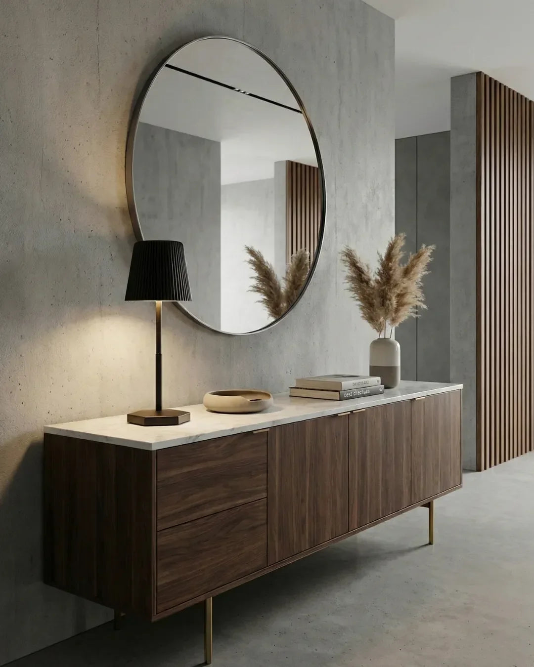 Cordless table lamp ANCONA No.01 in black on a walnut console under a round mirror