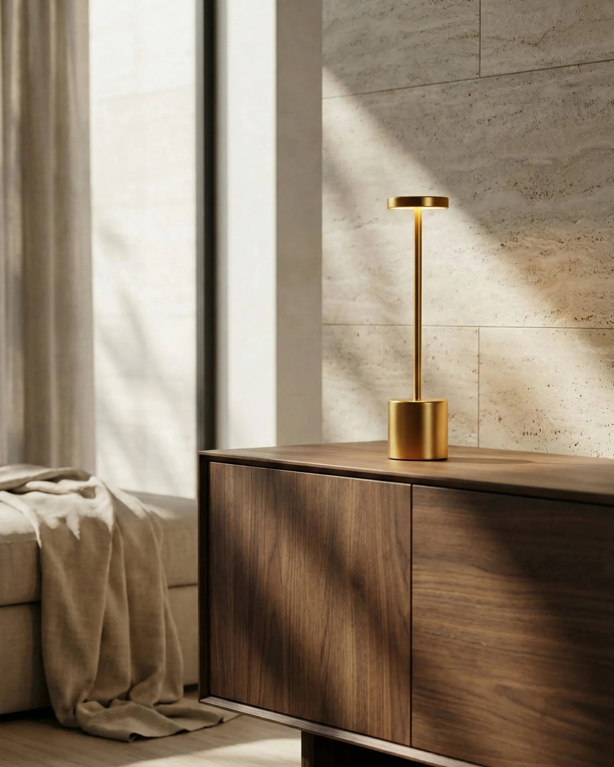 Cordless table lamp RIETI No.01 in brushed gold, lit on a walnut sideboard beside a window with sheer curtains