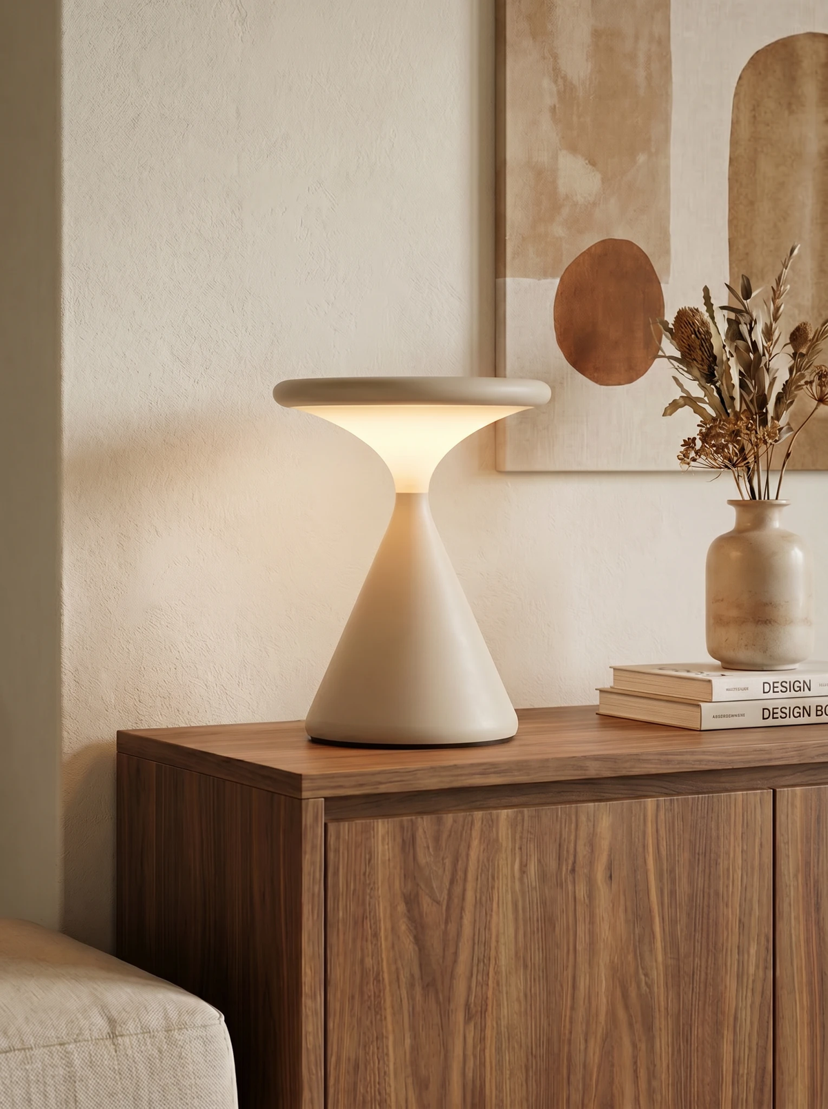 Cordless table lamp KONI No.01 in cream, hourglass lamp switched on atop a walnut sideboard beside a vase