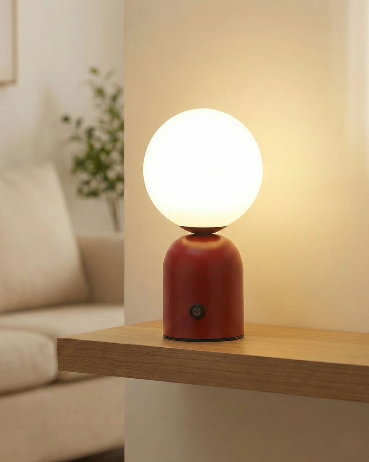 Cordless table lamp VIVA No.01 in crimson red glowing on an oak ledge with a sofa and plant blurred behind