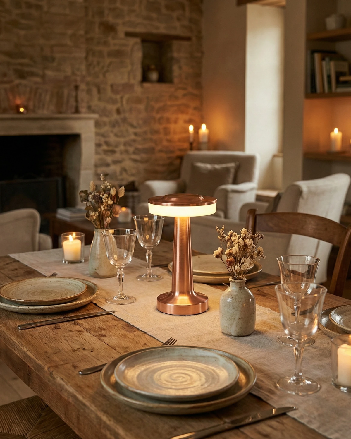 Cordless table lamp LUCCA No.01 in brushed rose gold, lit on a rustic dining table set with plates near a fireplace