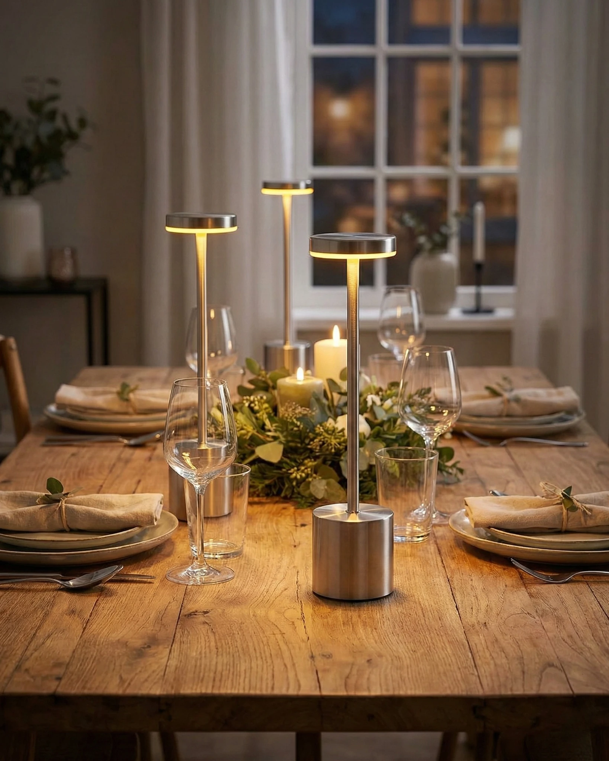 Cordless table lamp RIETI No.01, three brushed silver lamps lit on a wooden dining table with candles and place settings