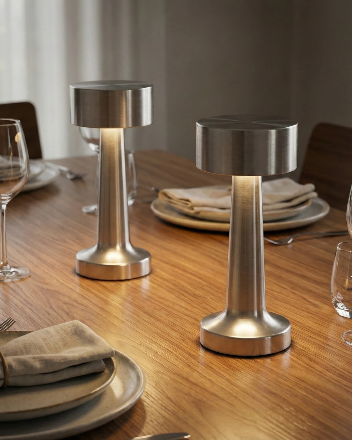 Cordless table lamp ISOLA No.01, two silver lamps lit on a wooden dining table set with plates and glasses