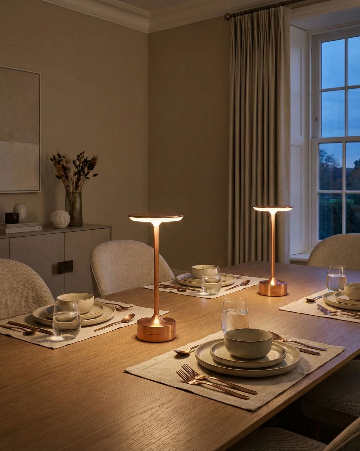 Two cordless table lamps BRINDISI No.01 in Soft Pink, a rosy copper tone, lit on a set dining table at dusk