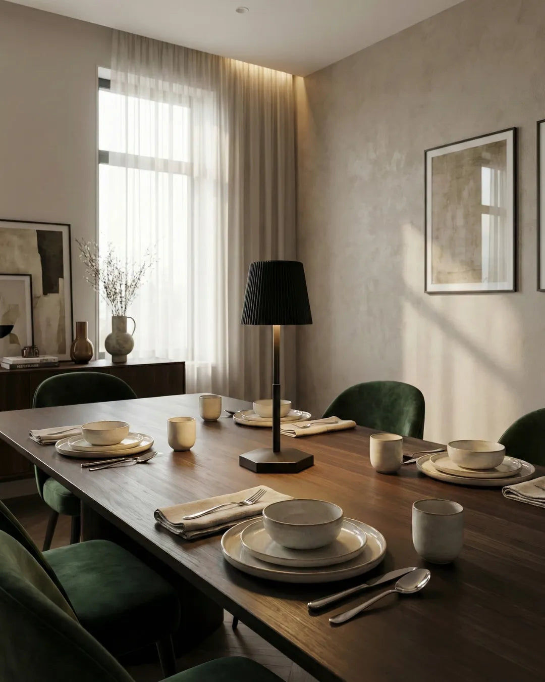 Cordless table lamp ANCONA No.01 in matte black on a set dining table by a window