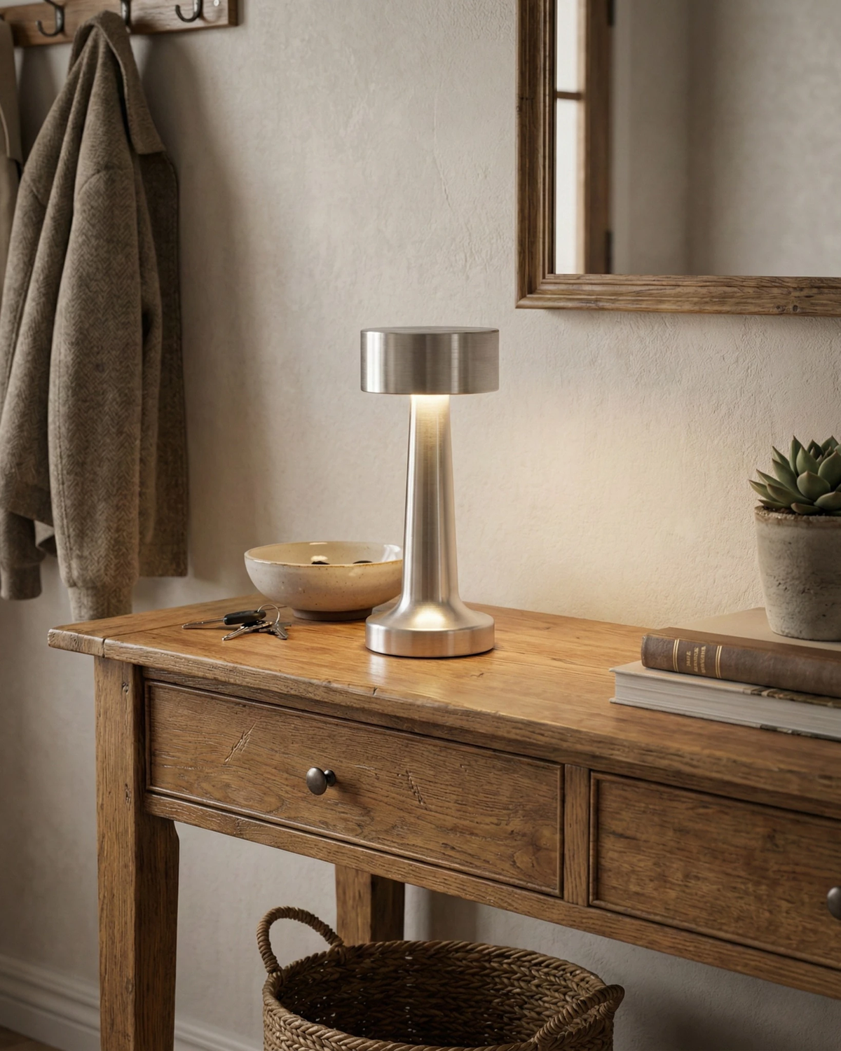 Cordless table lamp ISOLA No.01 in silver, lit on a wooden console table below a mirror with coat hooks