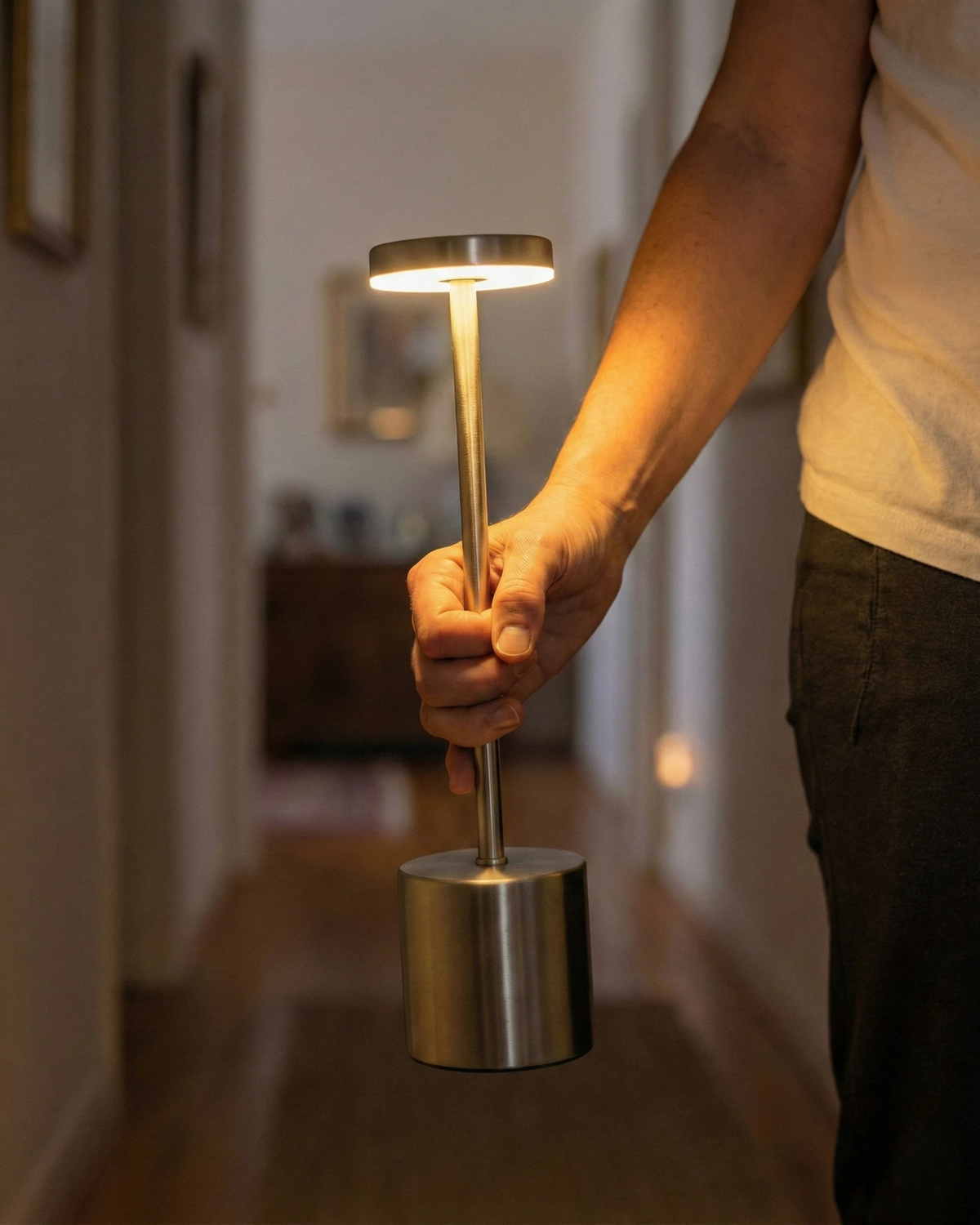 Cordless table lamp RIETI No.01 in brushed silver, lit and carried by hand through a hallway