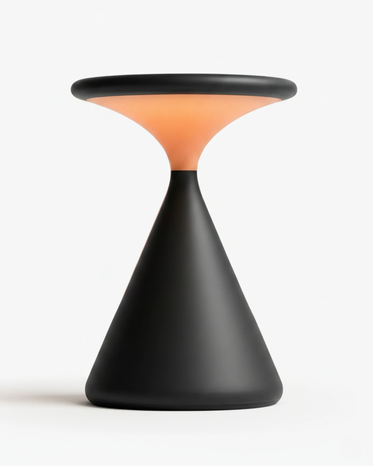 Cordless table lamp KONI No.01 in Black, matte black hourglass lamp lit with an orange glow under the top