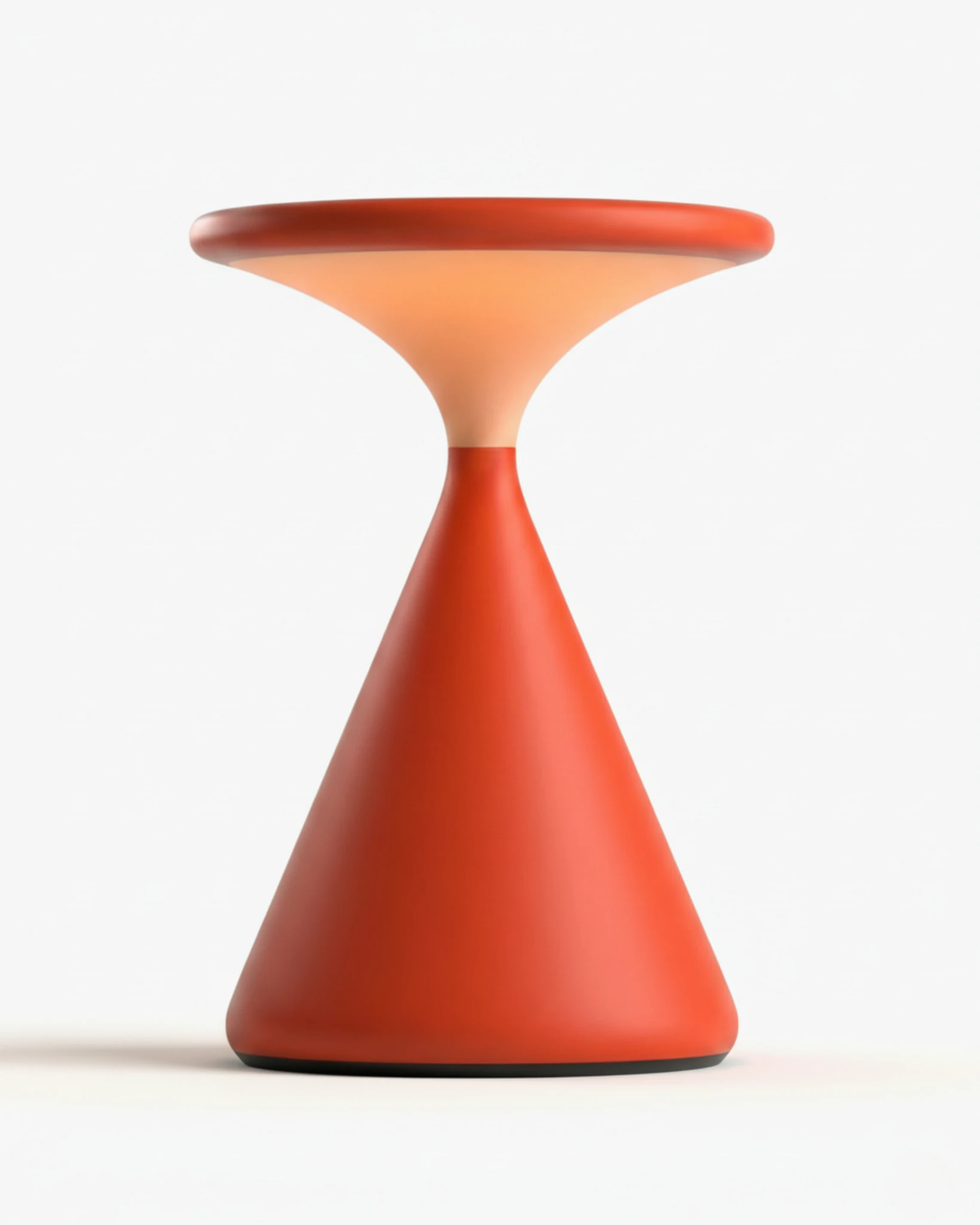 Cordless table lamp KONI No.01 in Blood Orange, red-orange hourglass lamp lit on a white background