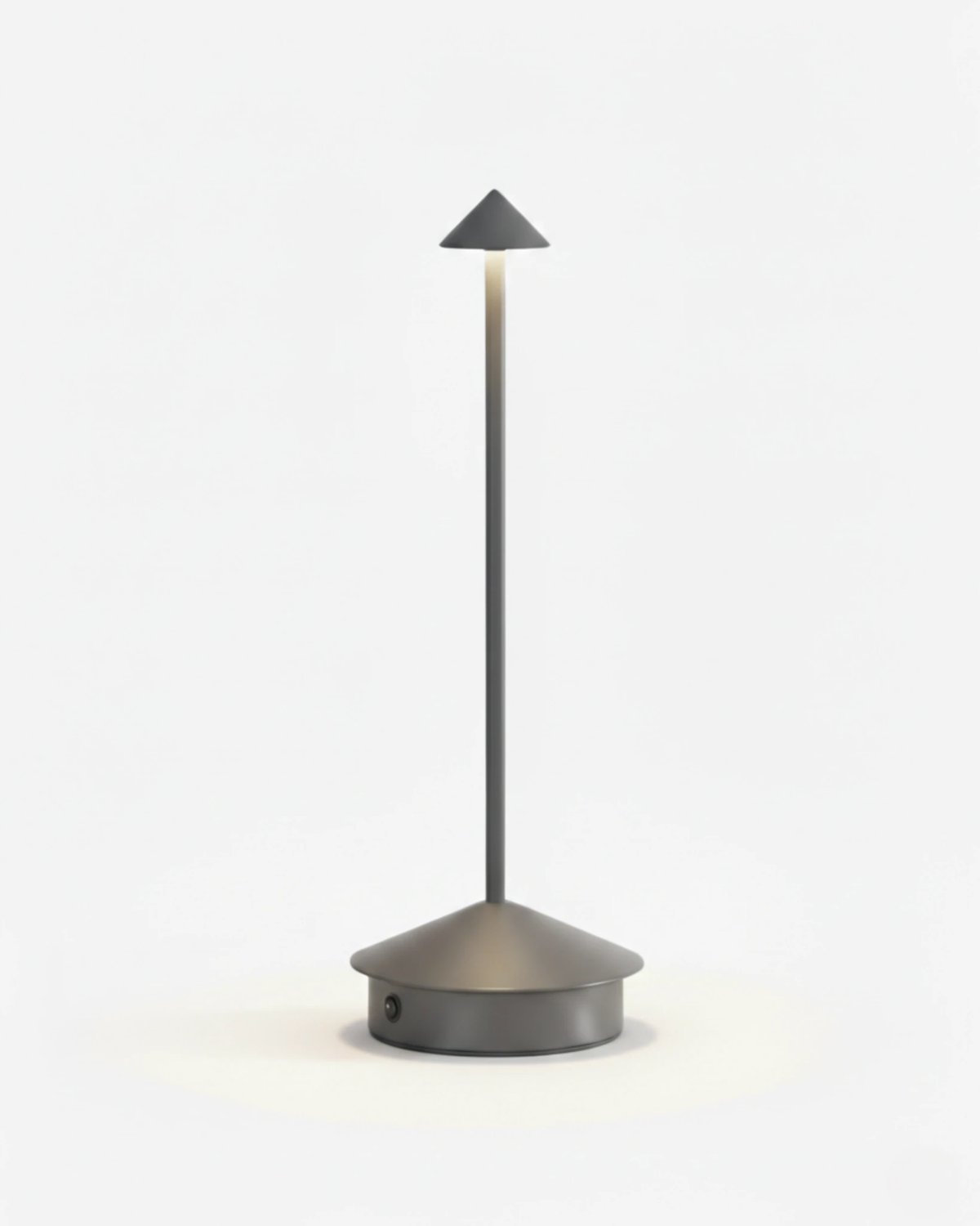 Cordless table lamp FERRARA No.01 in Brushed Grey, grey metal cone lamp on a slim stem, switched on