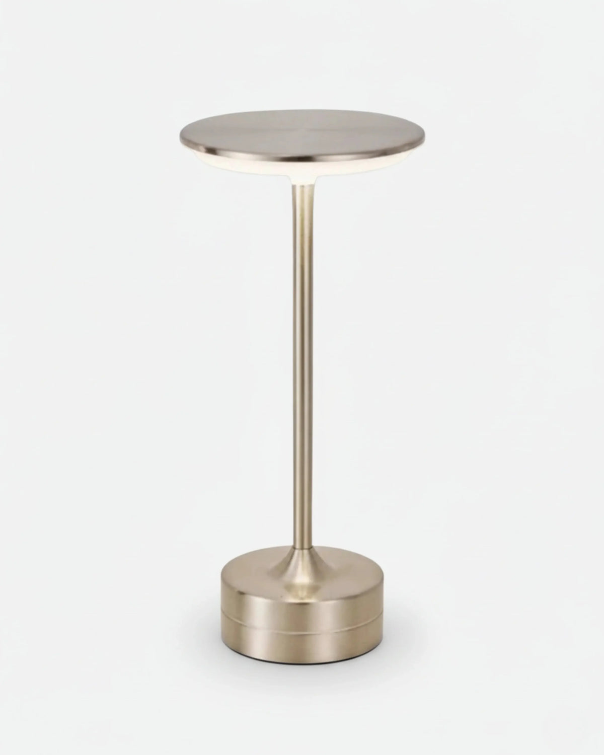 Cordless table lamp BRINDISI No.01 in Brushed Silver, satin metal disc top glowing over a slim stem and base