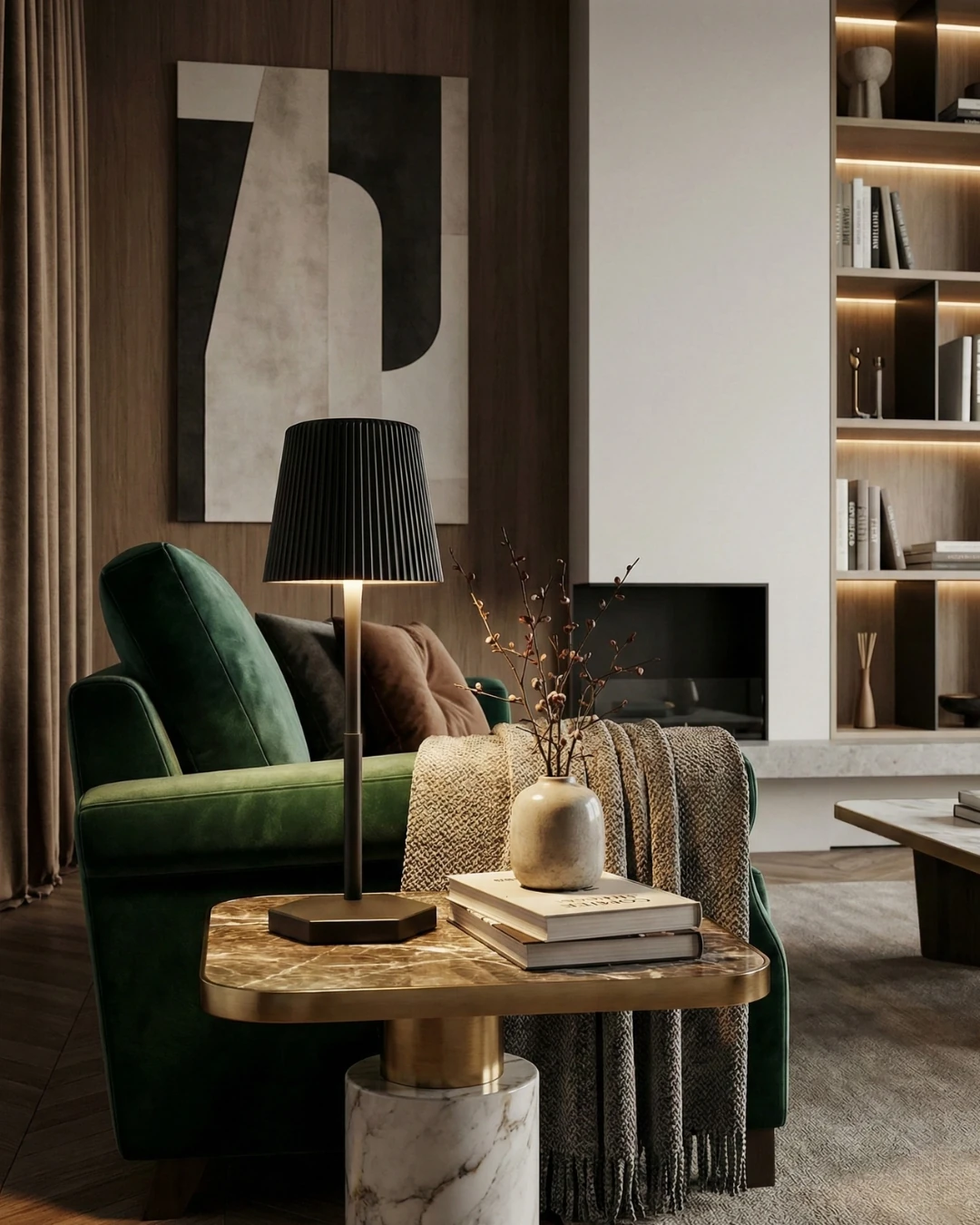 Cordless table lamp ANCONA No.01 in black on a side table beside a green velvet sofa