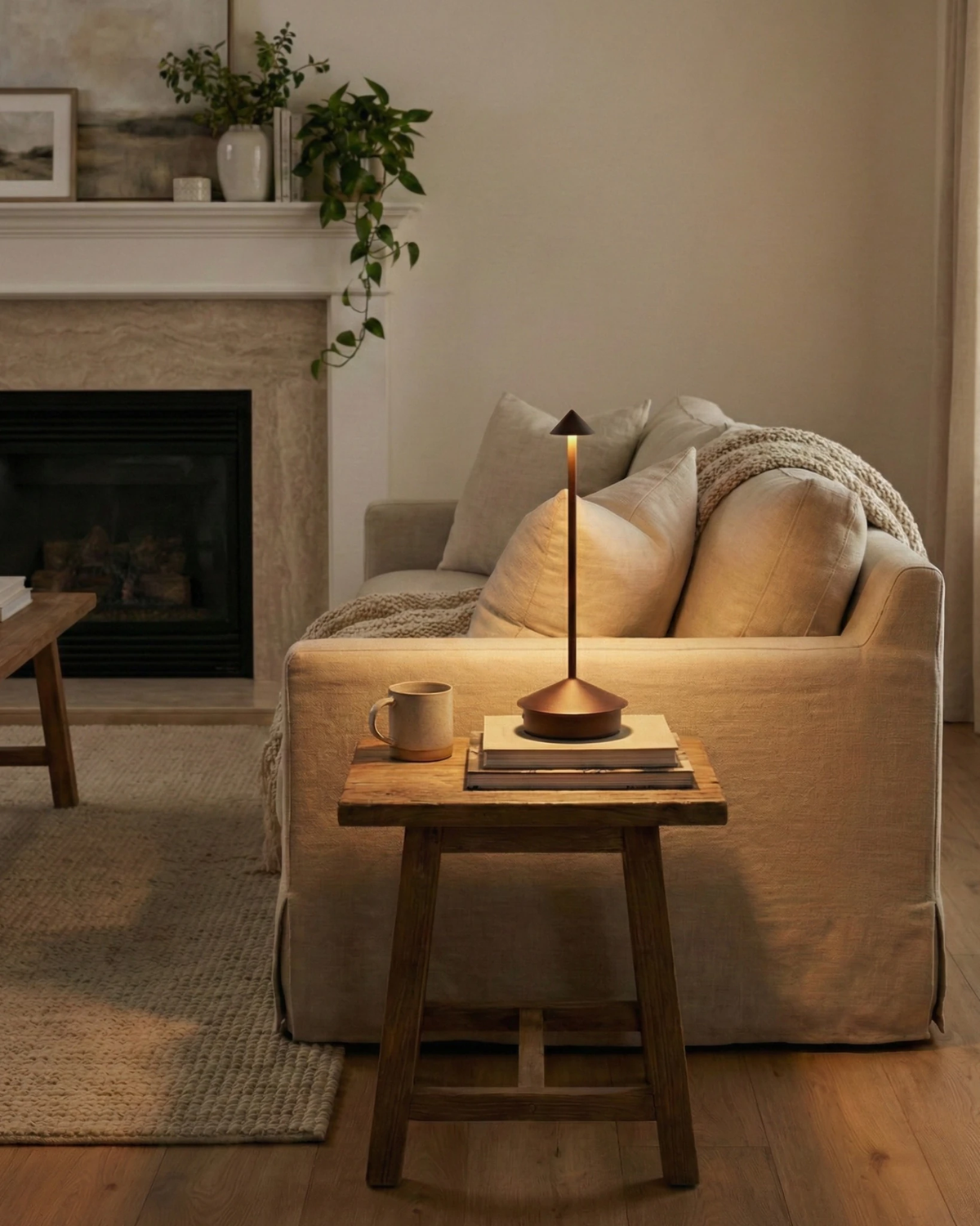 Cordless table lamp FERRARA No.01 in brushed brown lit on a wooden side table beside a white sofa near a fireplace