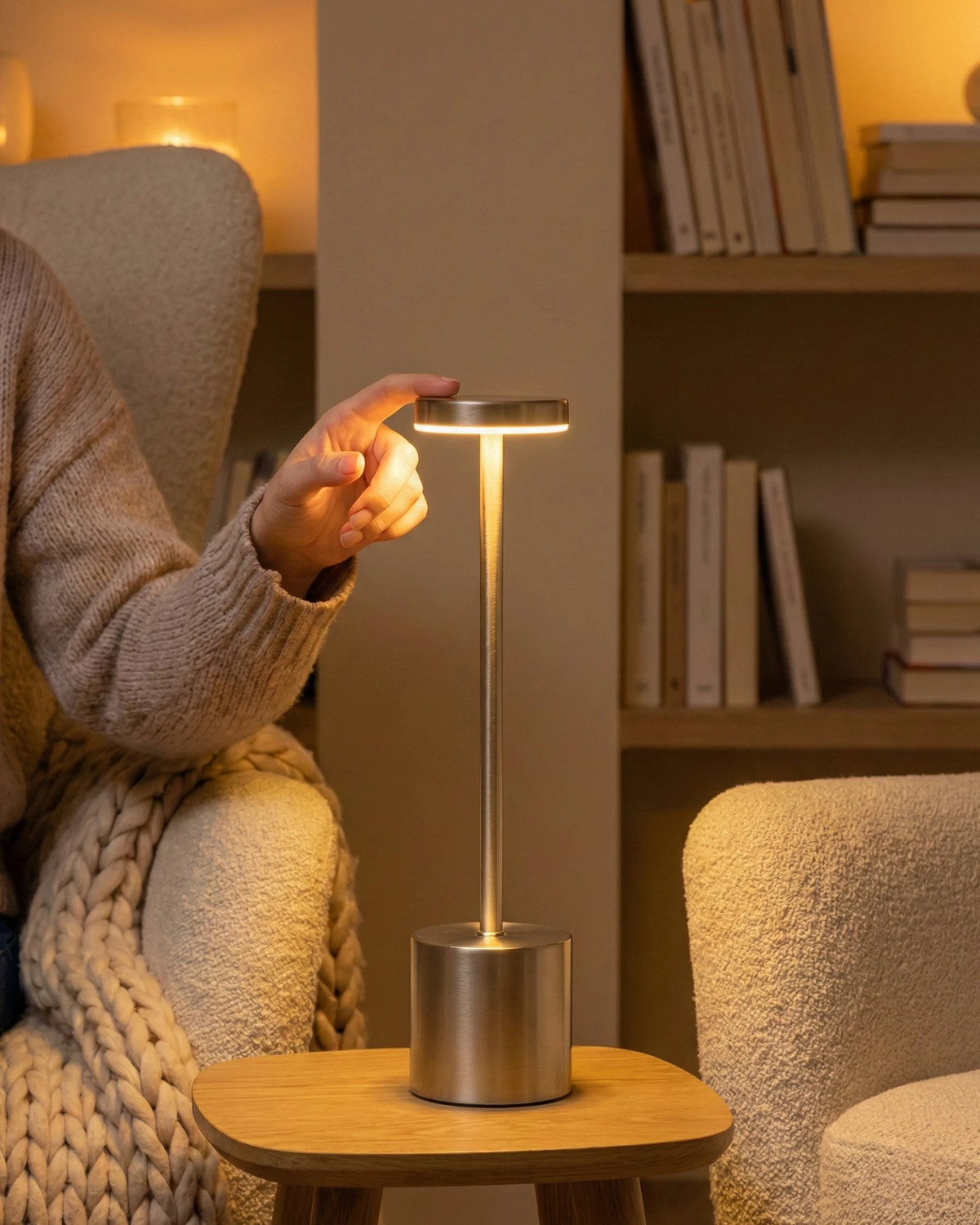 Cordless table lamp RIETI No.01 in brushed silver, lit on a wooden side table as a hand touches the top by a boucle chair
