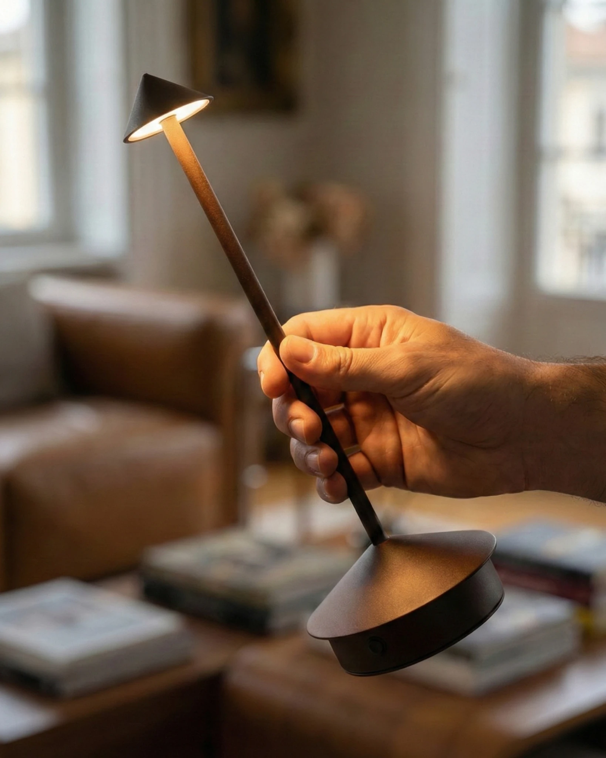Cordless table lamp FERRARA No.01 in matte black held by hand and switched on in a living room with leather chairs