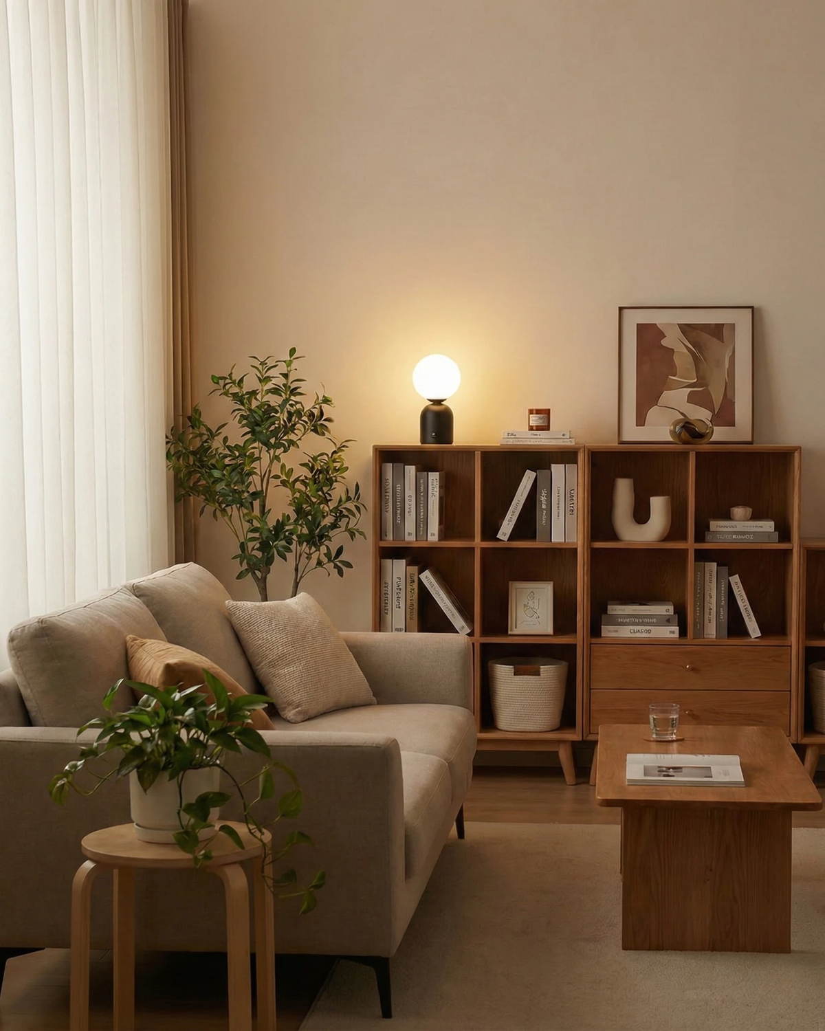 Cordless table lamp VIVA No.01 in black switched on atop an oak bookcase behind a beige sofa and a tall plant