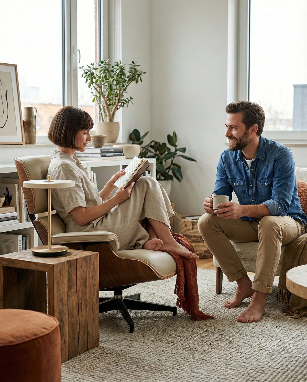 Cordless table lamp SALA No.01 in matte white on a wooden block side table beside two people reading and talking