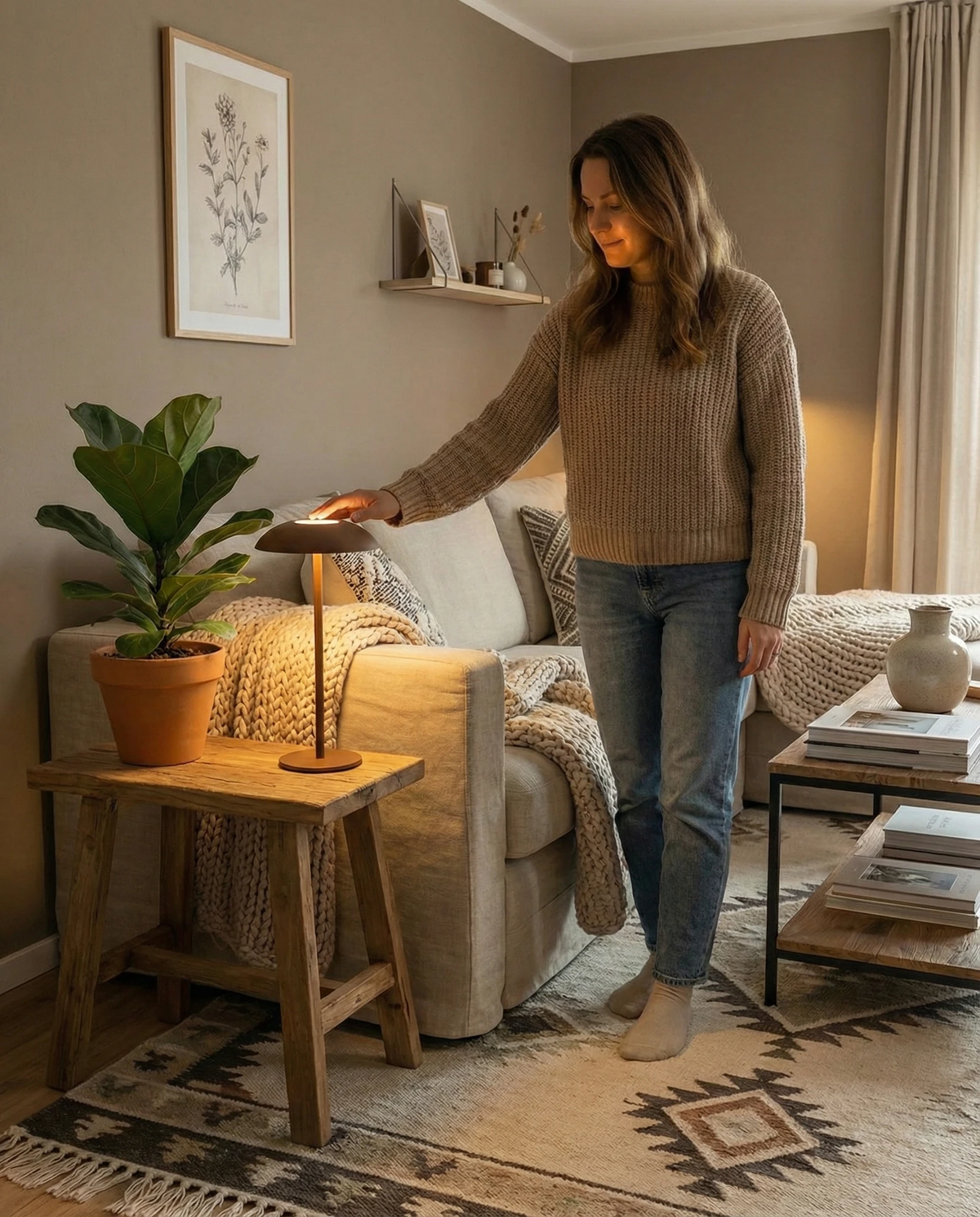 Cordless table lamp PESCARA No.01 on a wooden side table in a living room, a woman reaching toward it