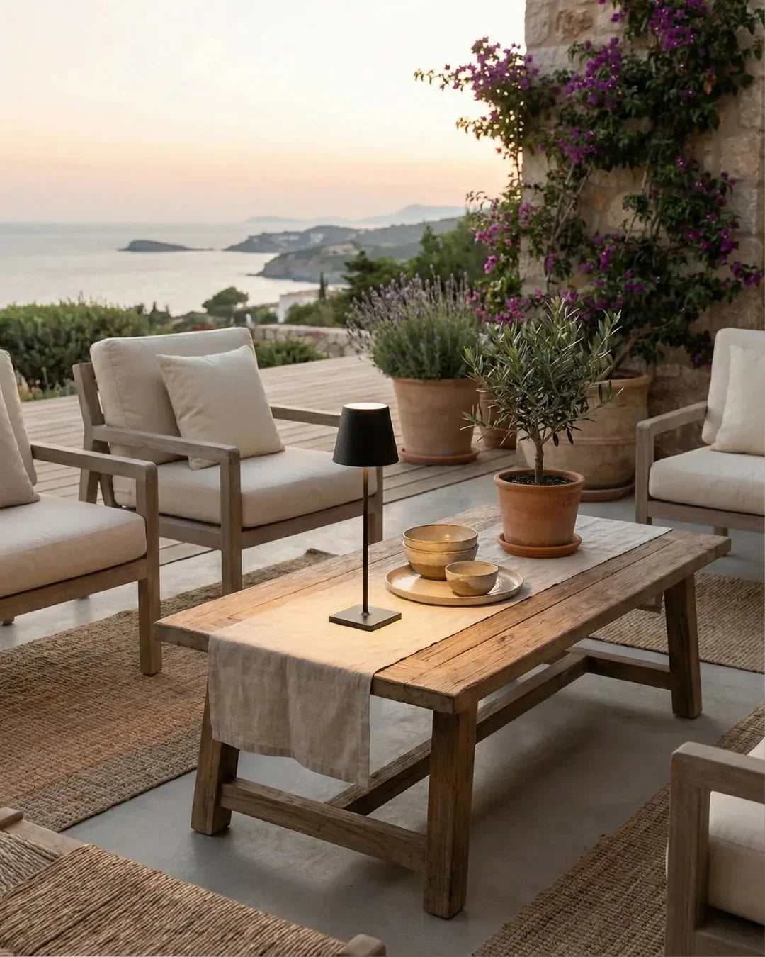 Cordless table lamp FOGGIA No.01 lit on a rustic wood coffee table on a terrace with outdoor sofas at sunset