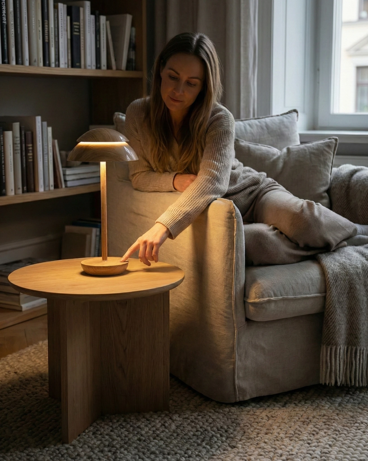 Cordless table lamp CALMA No.01 in black lit on a round side table as a woman on a sofa reaches to touch it