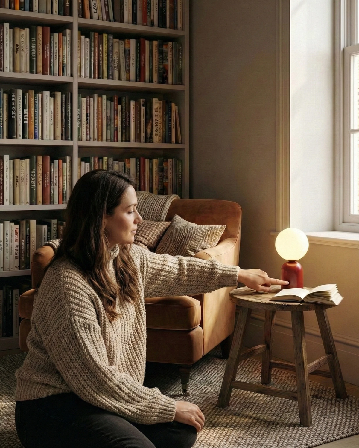 Cordless table lamp VIVA No.01 in red lit on a wooden stool beside a woman in a leather armchair by bookshelves