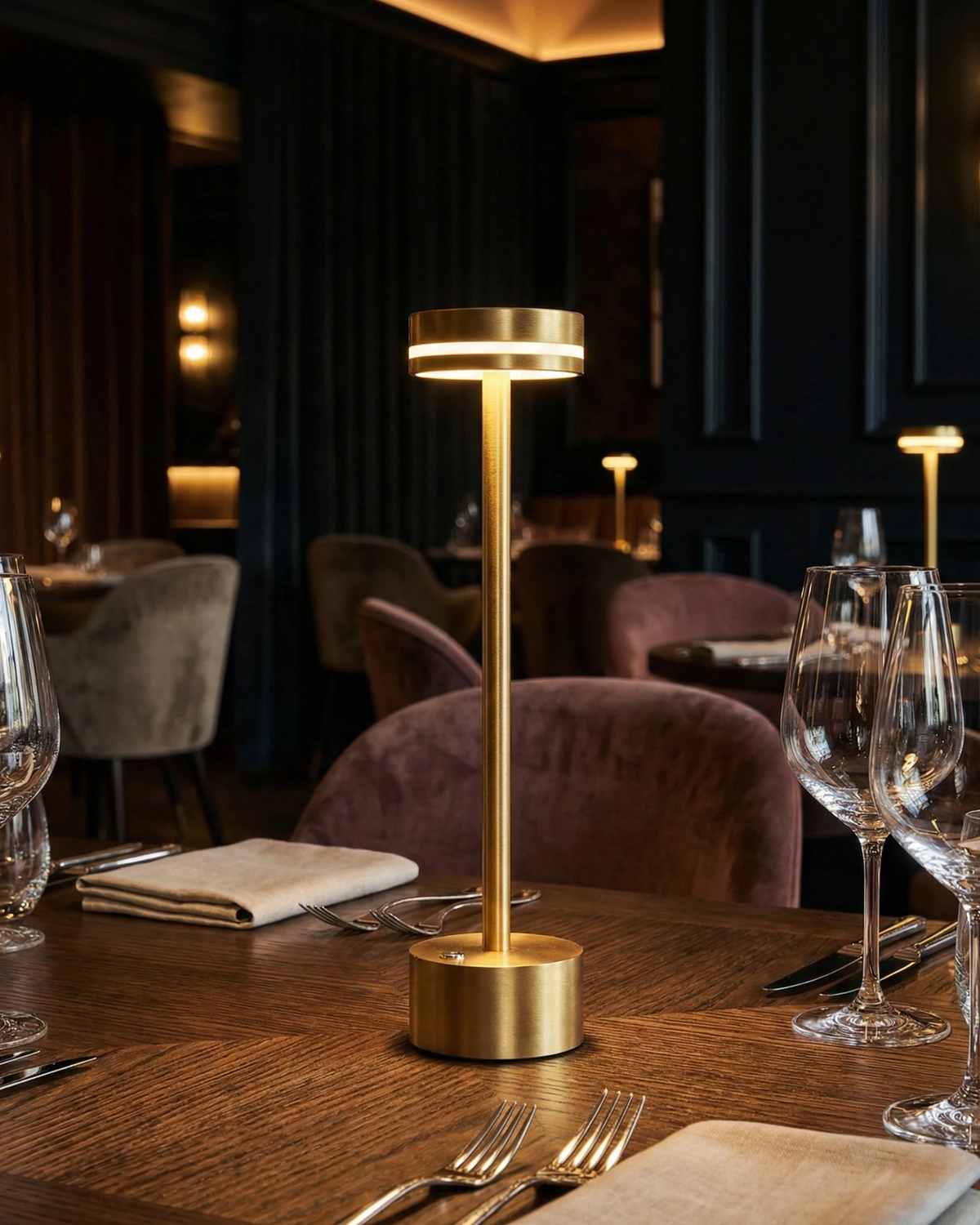 Cordless table lamp NIDO No.02 in gold lit on a restaurant table set with wine glasses and dark wood paneling