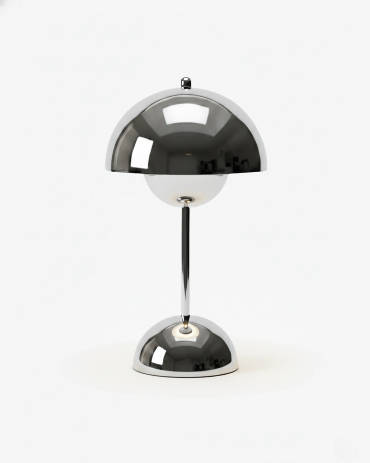 Cordless table lamp DOMA No.02 in Silver, mirror-polished chrome dome, stem and domed base, switched off