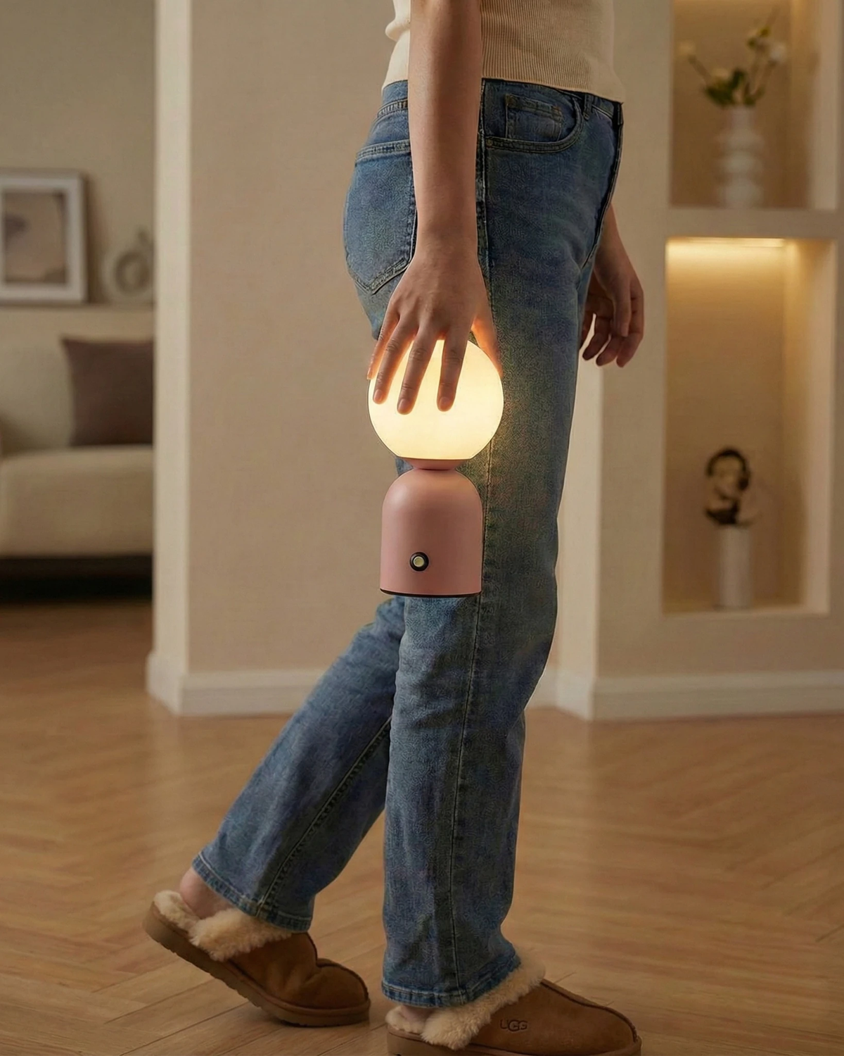 Cordless table lamp VIVA No.01 in pink carried lit by a person in jeans walking through a living room