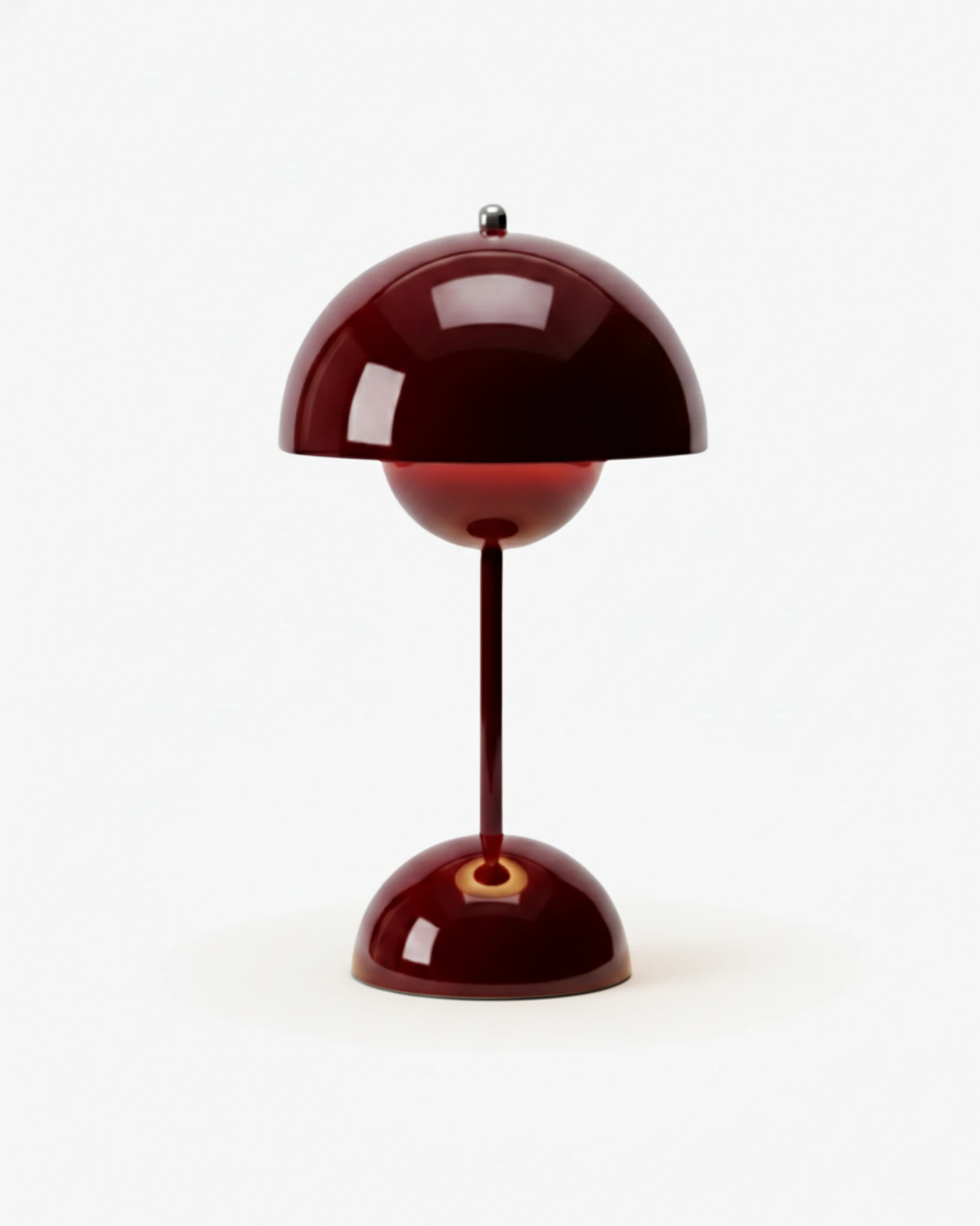 Cordless table lamp DOMA No.02 in Wine Red, glossy flowerpot dome on a slim stem and round base, unlit