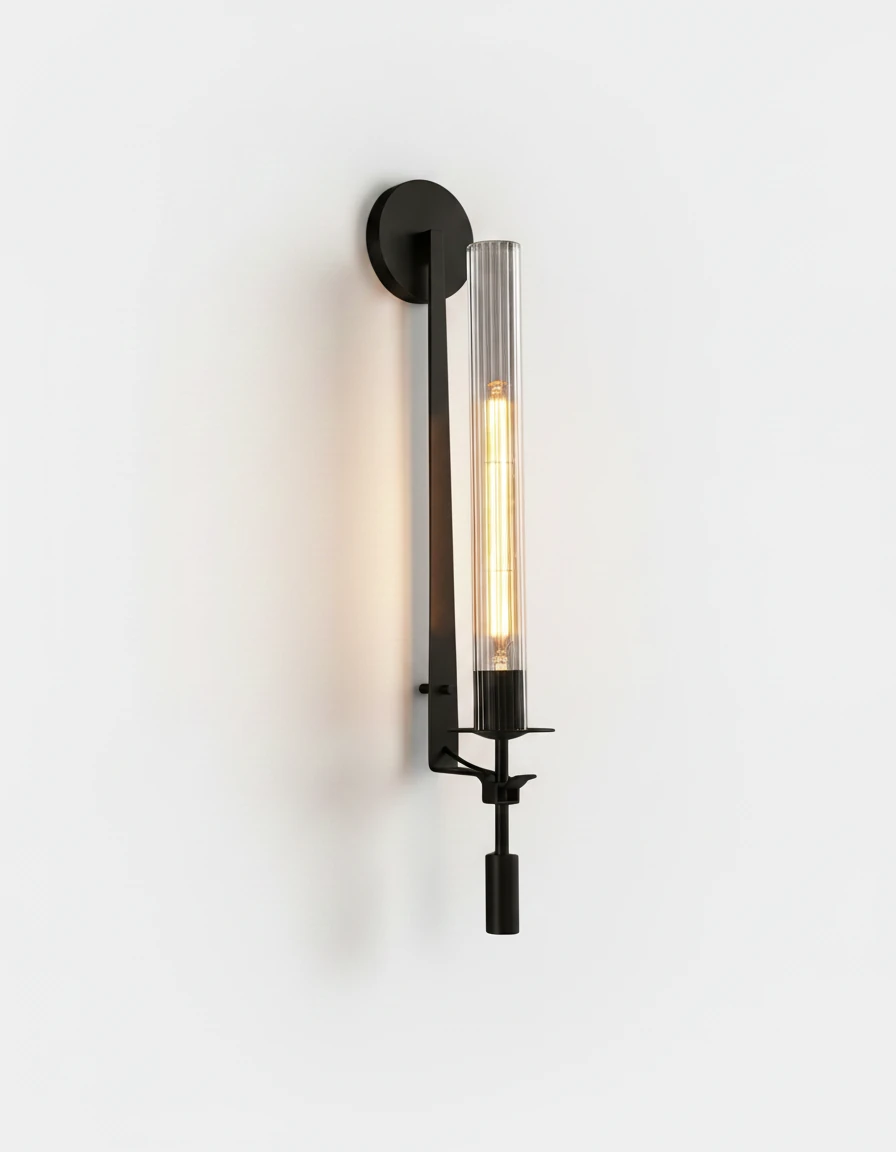 Forged iron wall sconce TORRE No.01 in Deep Black, tall fluted glass shade glowing on a black torch-style arm