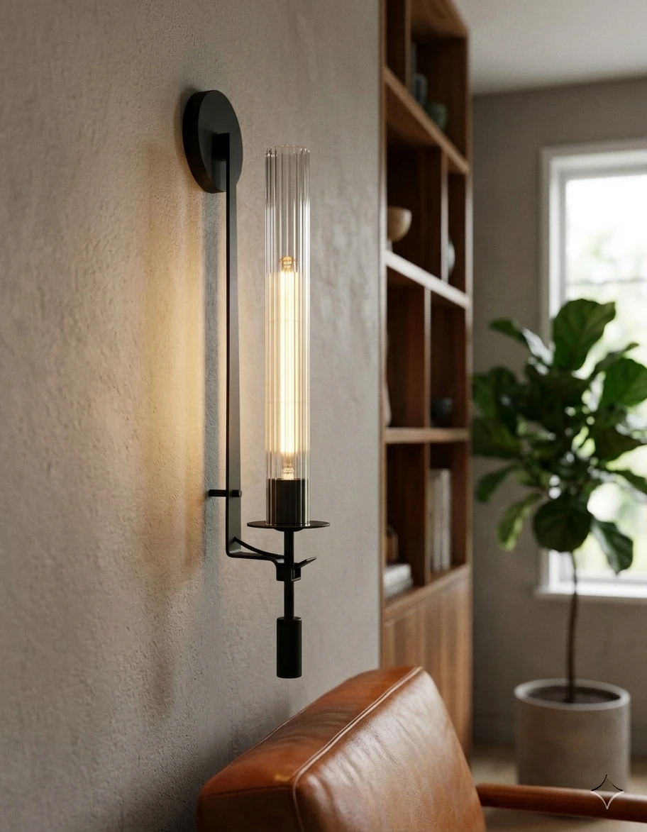 Forged iron wall sconce TORRE No.01 in Deep Black lit beside built-in shelves, a leather chair and a fiddle-leaf fig