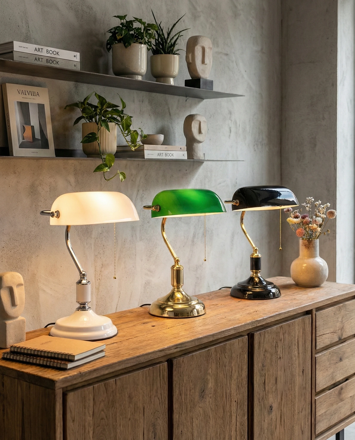 Three glass desk lamps BANCO No.01 in white, green and black lined up on a wooden sideboard beneath plant shelves