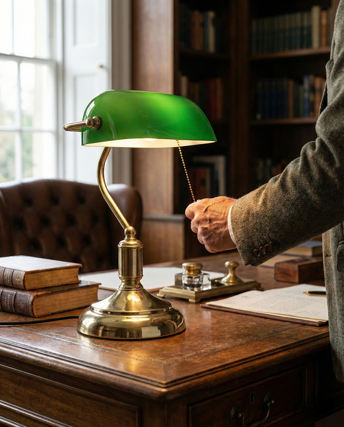 Glass desk lamp BANCO No.01 with green shade lit on a wooden desk in a library as someone reaches for the pull chain