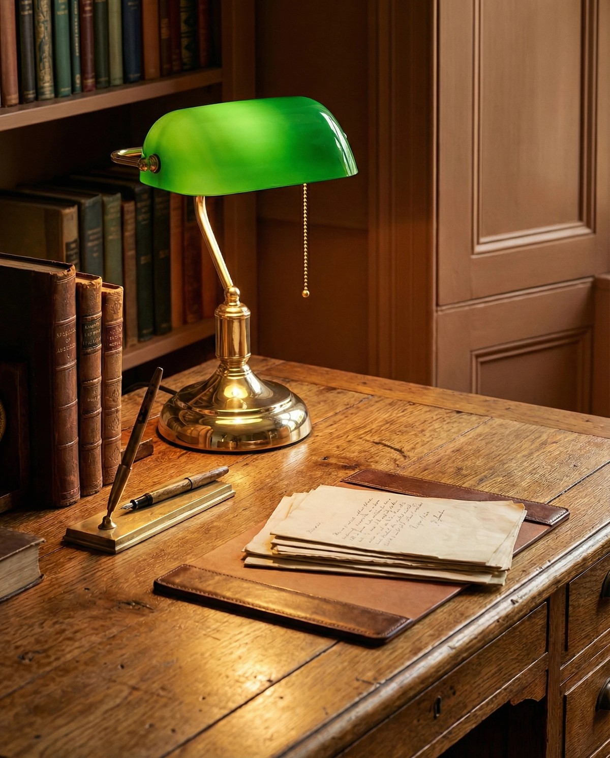 Glass desk lamp BANCO No.01 in green switched on over old books and papers on a wooden writing desk in a library