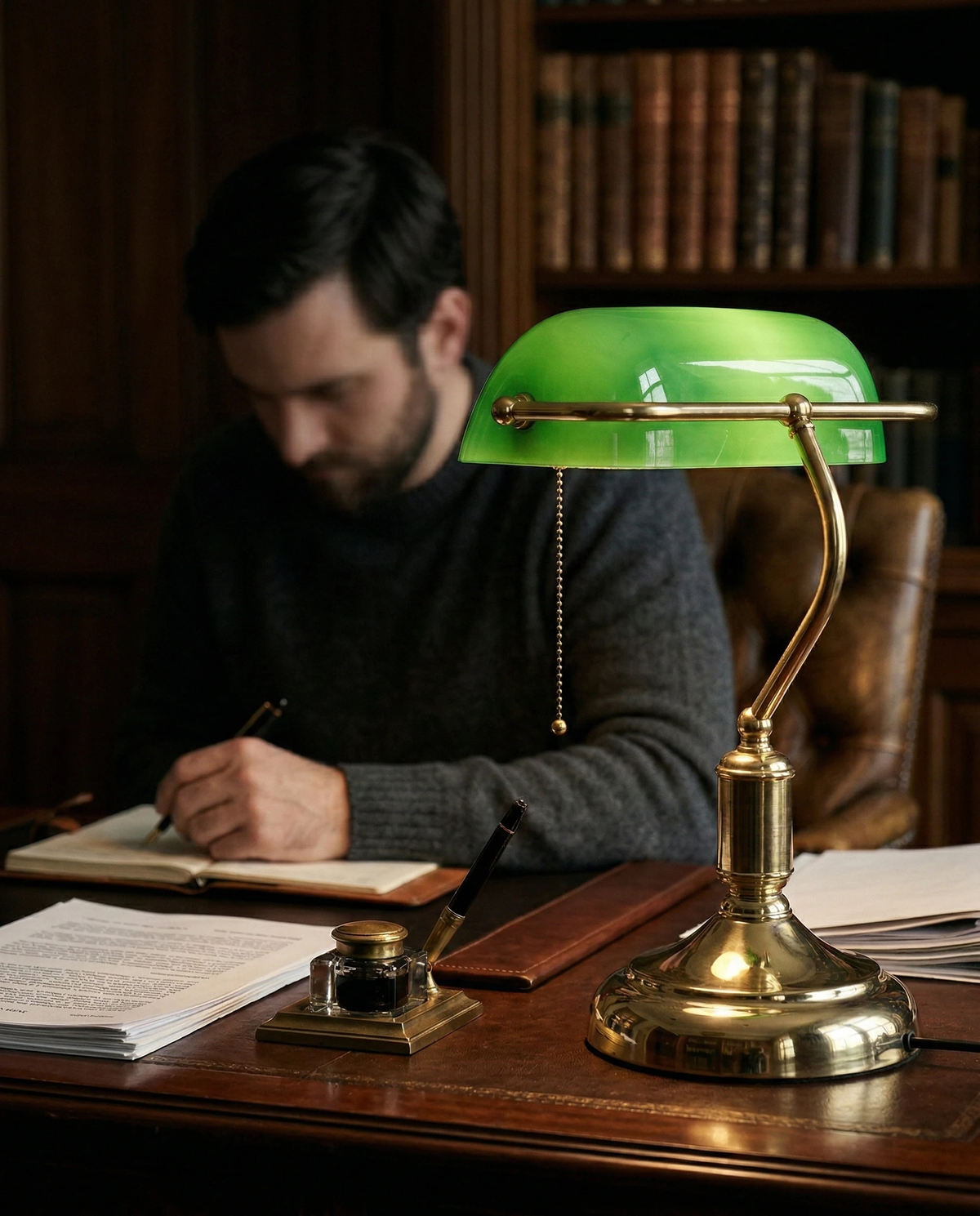 Glass desk lamp BANCO No.01 with green shade lit beside a man writing at a leather-topped desk in a study