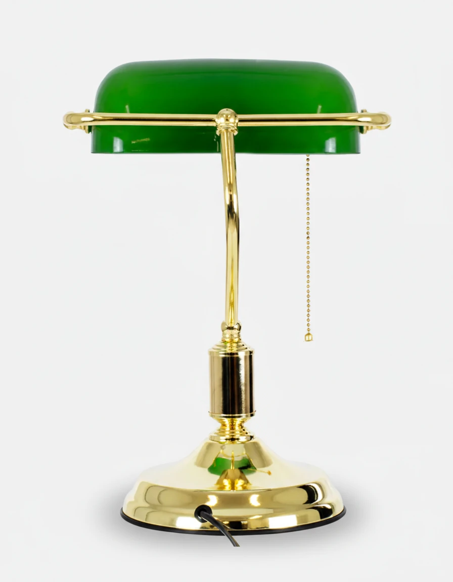 Glass desk lamp BANCO No.01 in green, front view of the glass shade on a brass column with a beaded pull chain