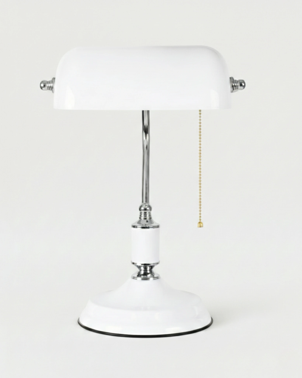 Glass desk lamp BANCO No.01 in Silver White, white glass shade on a chrome and white base, unlit packshot